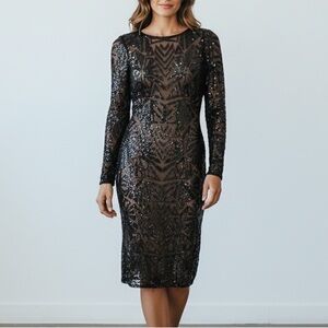 Black Sequin Long-Sleeve Sheer-Overlay Midi Dress